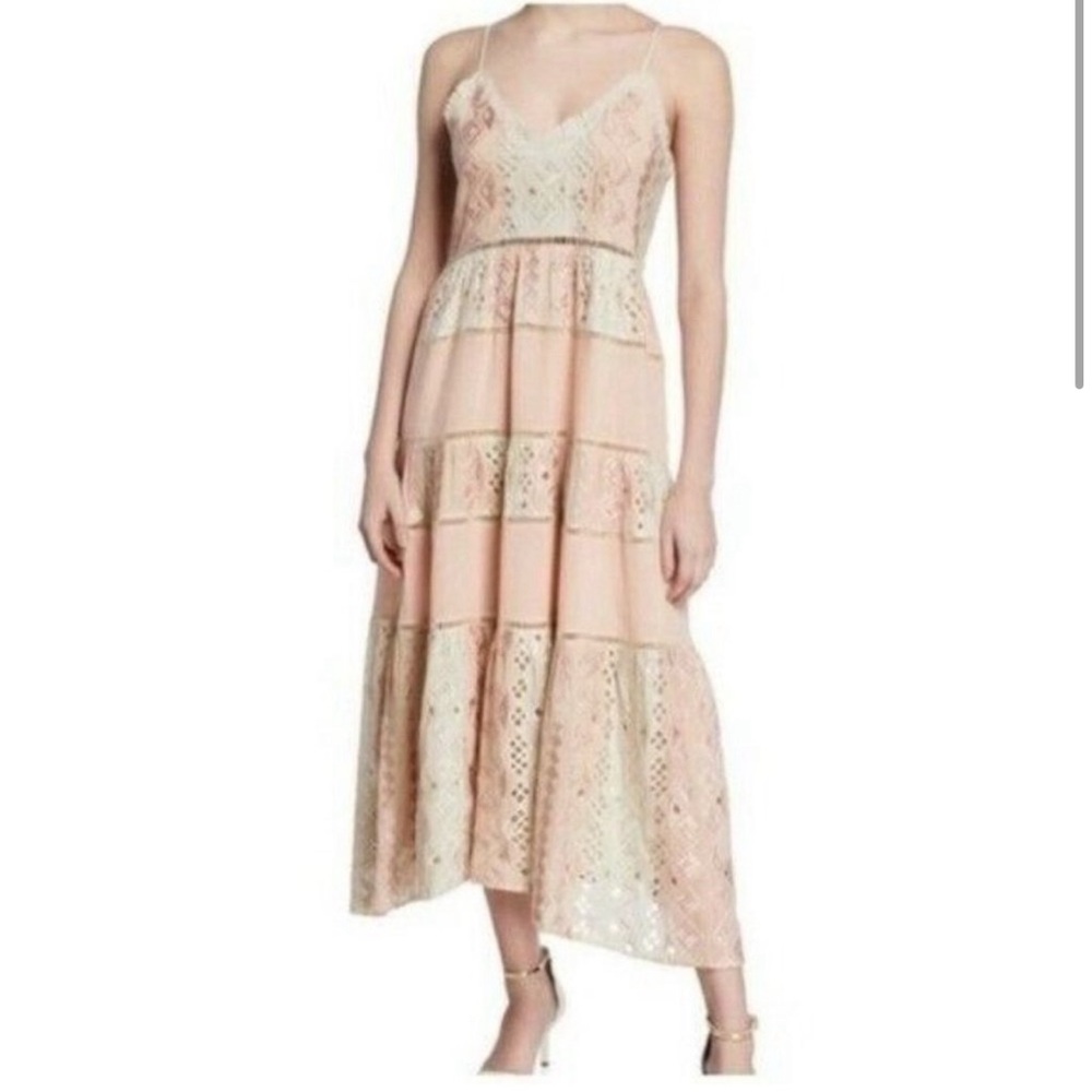 Love Sam Crossroads Crochet Midi Dress in Pink